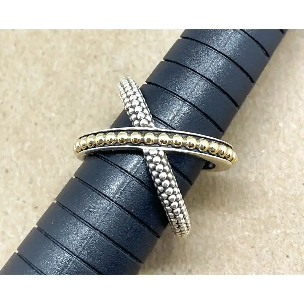 LAGOS KSL Two-Tone X Beaded Ring Sterling Silver & 18K Yellow Gold Size 7